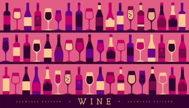 Çeşitli şarap kadehleri ve şişelerle kusursuz desen. Şarap vitrininin arka planı. Restoran menüsü tasarımı. Vektör illüstrasyonu