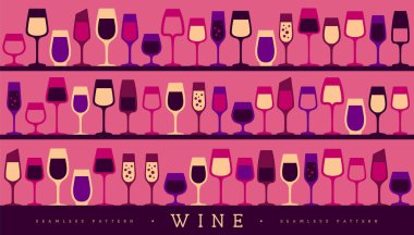 Çeşitli şarap kadehleriyle kusursuz desen. Şarap vitrininin arka planı. Restoran menüsü tasarımı. Vektör illüstrasyonu