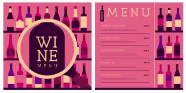 Restoran şarap menüsü tasarımı ve çeşitli şarap şişeleri. Şarap arka planı. Vektör illüstrasyonu