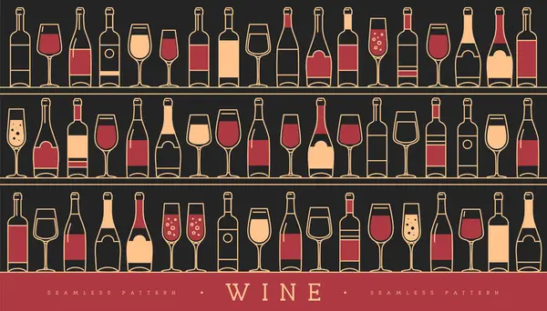 Çeşitli şarap kadehleri ve şişelerle kusursuz desen. Şarap vitrininin arka planı. Restoran menüsü tasarımı. Vektör illüstrasyonu