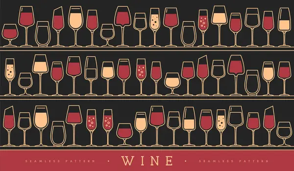 Çeşitli şarap kadehleriyle kusursuz desen. Şarap vitrininin arka planı. Restoran menüsü tasarımı. Vektör illüstrasyonu