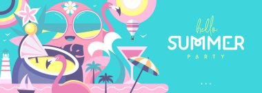 Merhaba Summer düz poster ya da deniz kızı, kokteyl, flamingo, tropik meyve ve gökkuşağı afişi. Vektör illüstrasyonu