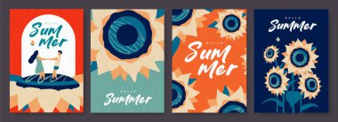 Renkli yaz posterleri, pankartlar ya da ayçiçeğiyle kaplanmış kapaklar. Yaz sezonu geçmişi. Vektör illüstrasyonu