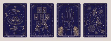 Sihirbaz elli, tarot kartlı, güneş sistemli, falcı ve kelebekli modern sihir kartları. Çizgi sanatı okült vektör çizimi