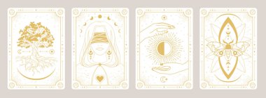 İçinde büyücü, meşe, el, kelebek, güneş ve ay olan bir dizi modern büyü kartı. Çizgi sanatı okült vektör çizimi