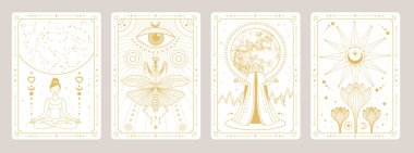 İçinde sihirbaz, peygamber devesi, gözü, dolunayı ve takımyıldızı olan bir dizi modern büyü kartı. Çizgi sanatı okült vektör çizimi