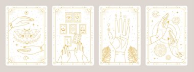 Sihirbaz elli, tarot kartlı, güneş sistemli, falcı ve kelebekli modern sihir kartları. Çizgi sanatı okült vektör çizimi