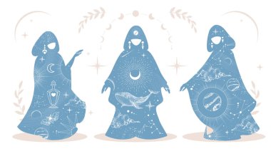 Büyücü cübbesi ve astroloji elementleri içinde kadın figürünün sihirli büyü siluetleri. Okült Satır sanat vektörü çizimi