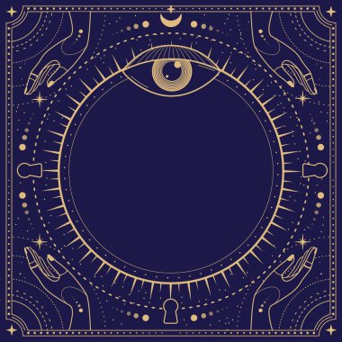 Modern büyü büyücülüğü, her şeyi gören göz, yıldızlar, eller, güneş ve ayın mavi arka planda olduğu astroloji çerçevesinde. Çizgi sanatı okült vektör çizimi