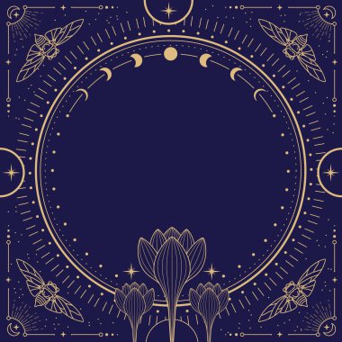 Modern büyü büyücülüğü astroloji çerçevesinde ay evreleri, kelebekler, çiçekler, yıldızlar, güneş ve ay mavi arka planda. Çizgi sanatı okült vektör çizimi