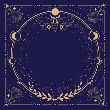 Modern büyü büyücülüğü astroloji çerçevesinde ay evreleri, kelebekler, çiçekler, yıldızlar, güneş ve ay mavi arka planda. Çizgi sanatı okült vektör çizimi