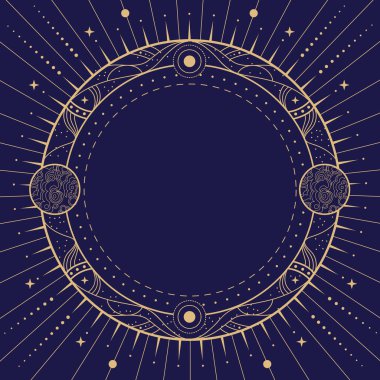 Modern büyü cadılığı astroloji çerçevesinde galaksiler, gezegenler, yıldızlar, güneş ve ay mavi arka planda. Çizgi sanatı okült vektör çizimi