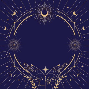 Dört element, yıldızlar, eller, güneş ve ayın mavi arka planda olduğu astroloji çerçevesi etrafında modern büyü büyüleri. Çizgi sanatı okült vektör çizimi