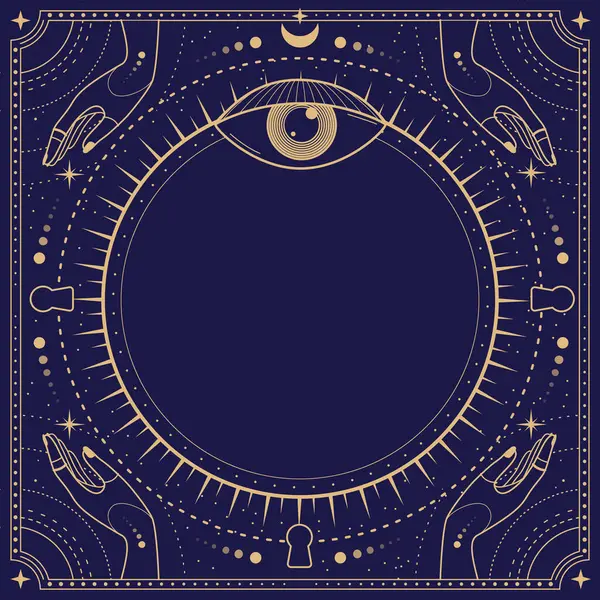Modern büyü büyücülüğü, her şeyi gören göz, yıldızlar, eller, güneş ve ayın mavi arka planda olduğu astroloji çerçevesinde. Çizgi sanatı okült vektör çizimi