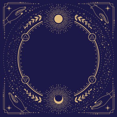 Dört element, yıldızlar, eller, güneş ve ayın mavi arka planda olduğu astroloji çerçevesi etrafında modern büyü büyüleri. Çizgi sanatı okült vektör çizimi