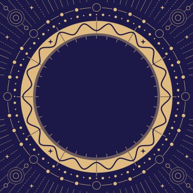 Galaksi ve yıldızların mavi arka planda olduğu astroloji çerçevesi etrafında modern büyü büyüleri. Çizgi sanatı okült vektör çizimi