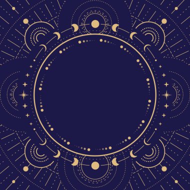 Modern büyü cadılığı astroloji çerçevesinde galaksi, yıldızlar ve ay evreleri mavi arka planda. Çizgi sanatı okült vektör çizimi