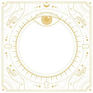 Her şeyi gören göz, yıldızlar, eller, güneş ve ay beyaz arka planda izole edilmiş. Çizgi sanatı okült vektör çizimi