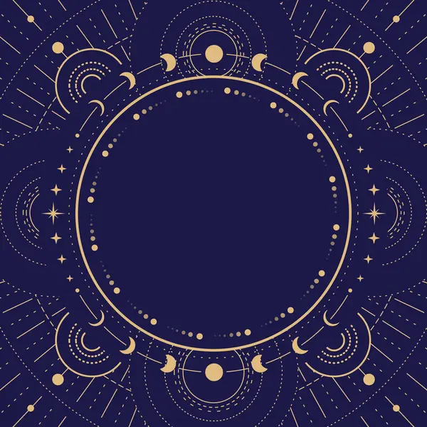 Modern büyü cadılığı astroloji çerçevesinde galaksi, yıldızlar ve ay evreleri mavi arka planda. Çizgi sanatı okült vektör çizimi