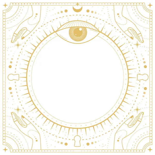Her şeyi gören göz, yıldızlar, eller, güneş ve ay beyaz arka planda izole edilmiş. Çizgi sanatı okült vektör çizimi