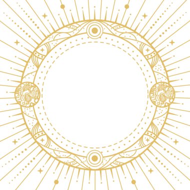 Beyaz arka planda galaksiler, gezegenler, yıldızlar, güneş ve ay bulunan astroloji çerçevesi etrafında modern büyü büyüleri. Çizgi sanatı okült vektör çizimi