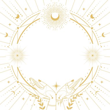 Dört element, yıldızlar, eller, güneş ve ay beyaz arka planda izole edilmiş. Çizgi sanatı okült vektör çizimi