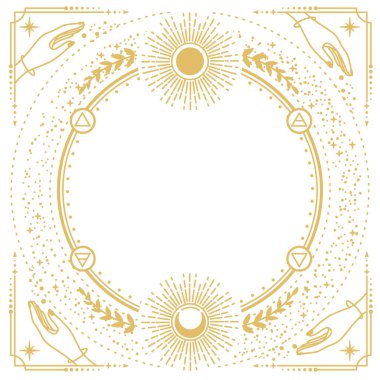 Dört element, yıldızlar, eller, güneş ve ay beyaz arka planda izole edilmiş. Çizgi sanatı okült vektör çizimi