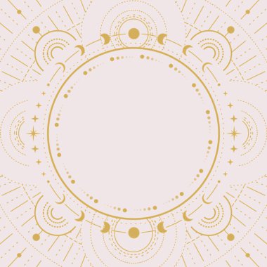 Galaksi, yıldızlar ve ay evreleri beyaz arka planda izole edilmiş astroloji çerçevesi etrafında modern büyü büyüleri. Çizgi sanatı okült vektör çizimi