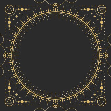 Astroloji çerçevesinde dört elementi, yıldızları, güneşi ve ayı olan modern büyü büyücülüğü. Çizgi sanatı okült vektör çizimi