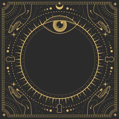 Modern büyü büyücülüğü, her şeyi gören göz, yıldızlar, eller, güneş ve ay 'ın siyah arka planda olduğu astroloji çerçevesinde. Çizgi sanatı okült vektör çizimi