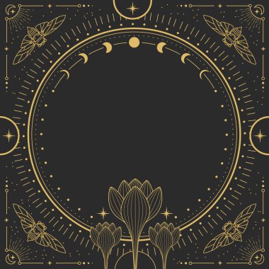Modern büyü büyücülüğü astroloji çerçevesinde ay evreleri, kelebekler, çiçekler, yıldızlar, güneş ve ay ile siyah zemin üzerinde. Çizgi sanatı okült vektör çizimi