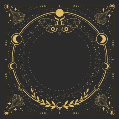 Modern büyü büyücülüğü astroloji çerçevesinde ay evreleri, kelebekler, çiçekler, yıldızlar, güneş ve ay ile siyah zemin üzerinde. Çizgi sanatı okült vektör çizimi