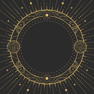 Modern büyü cadılığı astroloji çerçevesinde galaksiler, gezegenler, yıldızlar, güneş ve ay ile kara arka planda. Çizgi sanatı okült vektör çizimi