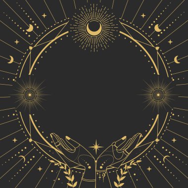 Dört elementin, yıldızların, ellerin, güneşin ve ayın siyah arka planda olduğu astroloji çerçevesi etrafında modern büyü büyüleri. Çizgi sanatı okült vektör çizimi
