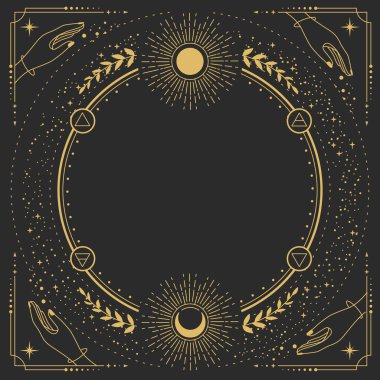 Dört elementin, yıldızların, ellerin, güneşin ve ayın siyah arka planda olduğu astroloji çerçevesi etrafında modern büyü büyüleri. Çizgi sanatı okült vektör çizimi