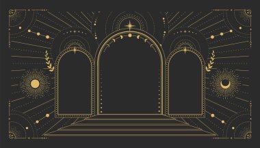 Modern büyü büyücülüğü astroloji kemeri yıldızlı, güneşli ve siyah arkaplanlı. Çizgi sanatı okült vektör çizimi