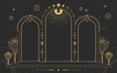 Modern büyü büyücülüğü astroloji kemeri ay evreleri, anahtar deliği, çiçekler, yıldızlar, güneş ve ay. Çizgi sanatı okült vektör çizimi