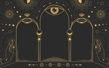 Modern büyü büyücülüğü astroloji kemeri her şeyi gören gözler, dört element, yıldızlar, eller, güneş ve ay. Çizgi sanatı okült vektör çizimi