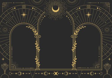 Modern sihirbazlık astrolojisi ay evreleri, kemerler, sütunlar, çiçekler, yıldızlar, güneş ve ay ile kaplıdır. Çizgi sanatı okült vektör çizimi