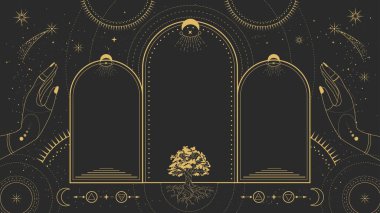 Dört element, meşe ağacı, yıldızlar, eller, güneş ve ay ile modern büyü astroloji kemeri. Çizgi sanatı okült vektör çizimi