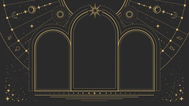 Modern büyü büyücülüğü astroloji kemeri yıldızlı, güneşli ve siyah arkaplanlı. Çizgi sanatı okült vektör çizimi