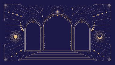 Modern büyü büyücülüğü astroloji kemeri. Yıldızlar, güneş ve ay mavi arka planda. Çizgi sanatı okült vektör çizimi