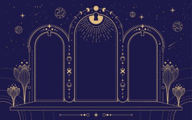 Modern büyü büyücülüğü astroloji kemeri ay evreleri, anahtar deliği, çiçekler, yıldızlar, güneş ve ay. Çizgi sanatı okült vektör çizimi