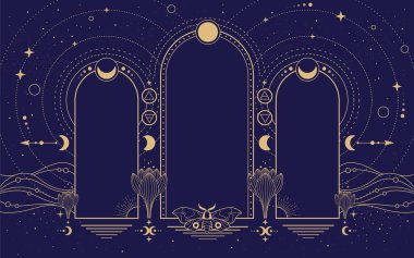 Dört element, kelebek, çiçekler, yıldızlar, güneş ve ay ile modern büyü astroloji kemeri. Çizgi sanatı okült vektör çizimi