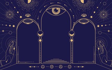 Modern büyü büyücülüğü astroloji kemeri her şeyi gören gözler, dört element, yıldızlar, eller, güneş ve ay. Çizgi sanatı okült vektör çizimi