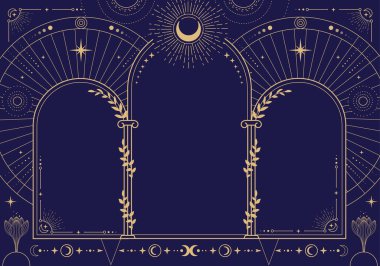 Modern sihirbazlık astrolojisi ay evreleri, kemerler, sütunlar, çiçekler, yıldızlar, güneş ve ay ile kaplıdır. Çizgi sanatı okült vektör çizimi