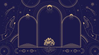 Dört element, meşe ağacı, yıldızlar, eller, güneş ve ay ile modern büyü astroloji kemeri. Çizgi sanatı okült vektör çizimi