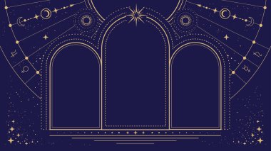 Modern büyü büyücülüğü astroloji kemeri. Yıldızlar, güneş ve ay mavi arka planda. Çizgi sanatı okült vektör çizimi