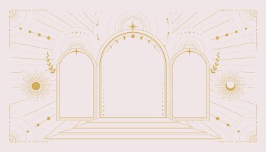 Beyaz arka planda yıldızlı, güneşli ve aylı modern büyü astrolojisi kemeri. Çizgi sanatı okült vektör çizimi