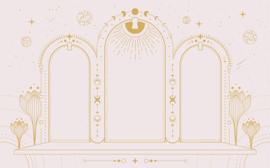 Modern büyü büyücülüğü astroloji kemeri ay evreleri, anahtar deliği, çiçekler, yıldızlar, güneş ve ay. Çizgi sanatı okült vektör çizimi